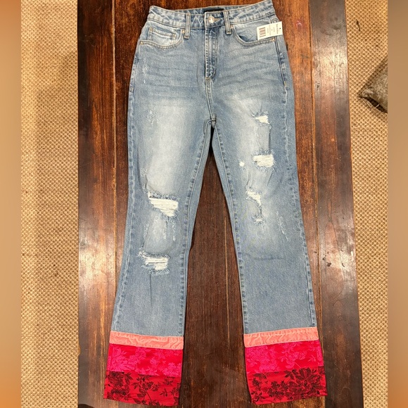 💕Juicy Couture VENICE Jeans•Embroidered Velvet Trashed Red Pink•BNWT $98💕 - Picture 5 of 7